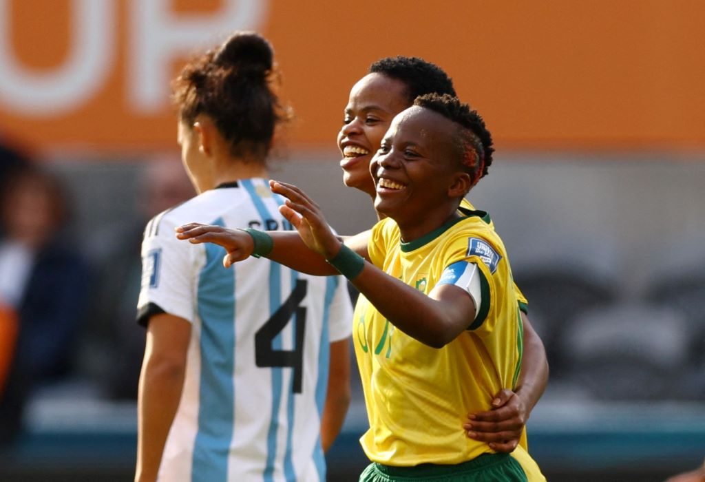 South Africa's Thembi Kgatlana celebrates scoring their second goal with teammates REUTERS/Molly Darlington